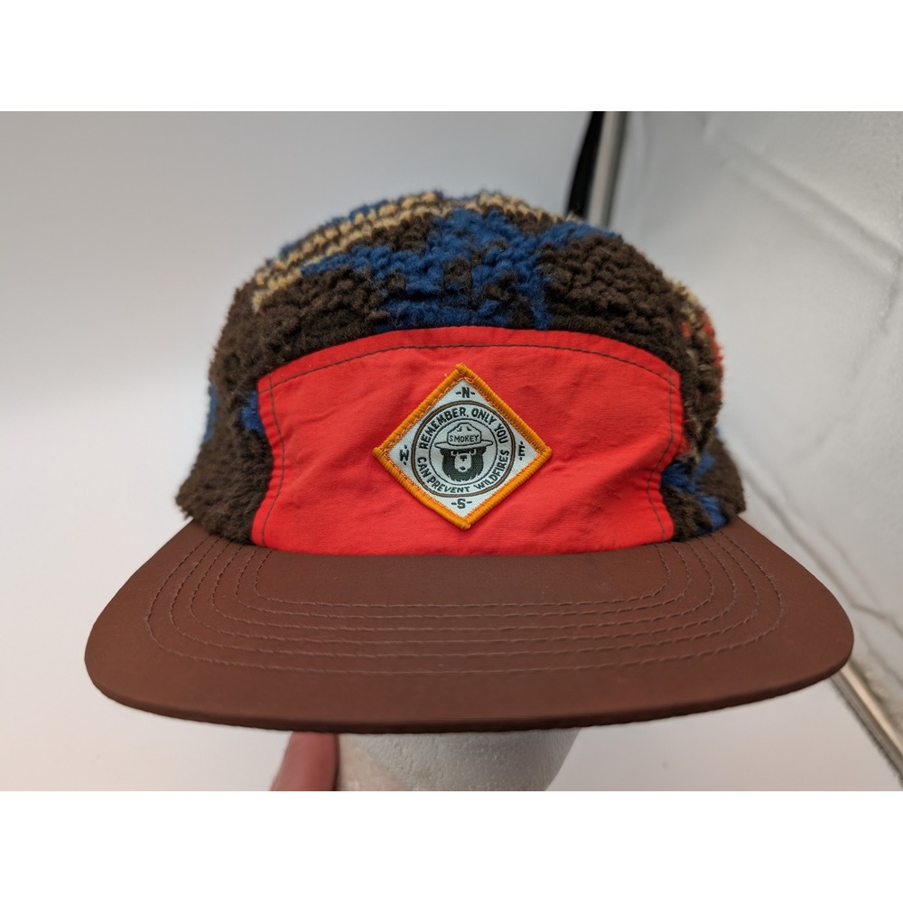 Smokey Bear Sherpa Fleece 5 Panel Camper Hat Brown Red Geometric Mad Engine OSFM